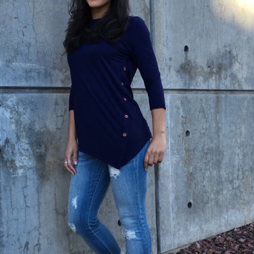 Navy Top w/ Asymmetrical Button Detail